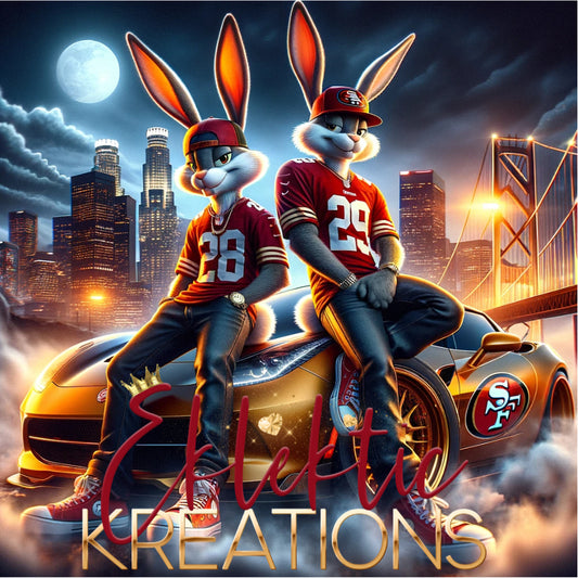 "Dynamic Duo Cityscape Illustration - Animated Sports Rabbits Art"