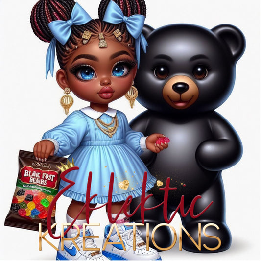 Digital Portrait of a Girl with Black Teddy Bear and Candy Bag Illustration