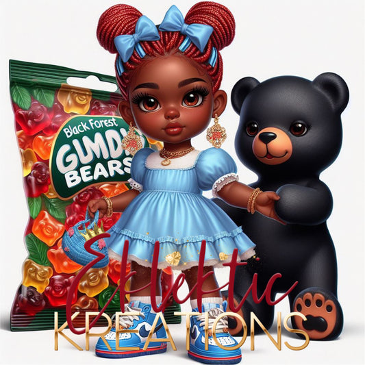 Sweet Girl & Black Bear Digital Art with Gummy Bears - JPG Download