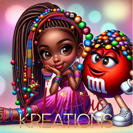 "Vibrant Digital Artwork of Whimsical Girl and Candy Character - JPG Download"